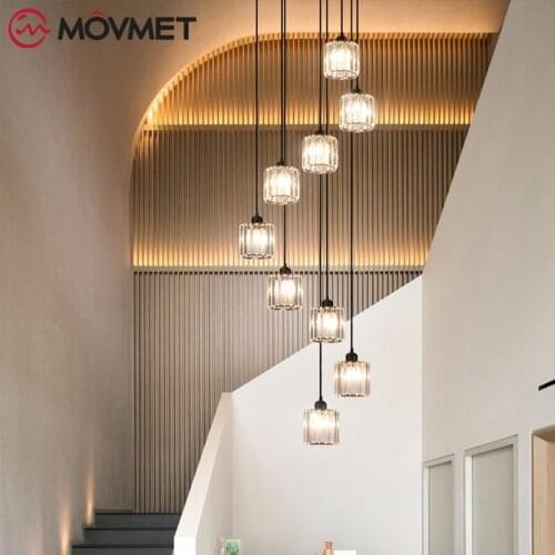 Crystal LED Ceiling Lamp Copper Glass For Stairs Living Room Restaurant Bar Cylinder Pipe Hanging Chandelier E14 Pendant Lights