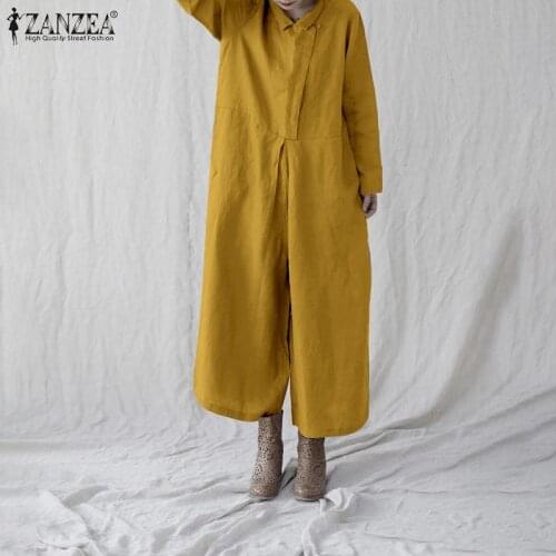 ZANZEA Vintage Wide Leg Pants Female Women Jumpsuits Long Sleeve Playsuits Elegant Solid Overalls 2021 Autumn Rompers