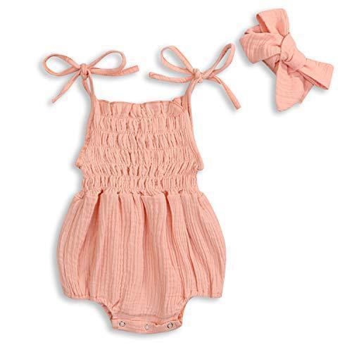 2021 Summer Newborn Baby Girl Clothes Solid Cotton Linen Bodysuits Sleeveless Strap 2cps Jumpsuits+Headband Outfits Beachwear