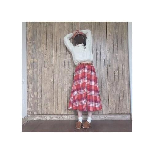 Cute Japanese Mori Girl Style Womens Red & White Plaid Checks Long Skirt Heart Buttons Casual Mid-Calf Length Cotton Skirt