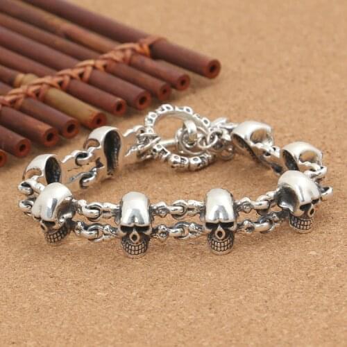 Handcrafted Thailand 925 Silver Skeleton Bracelet Vintage Sterling Silver Skull Head Bracelet Real Pure Silver Man Bracelet