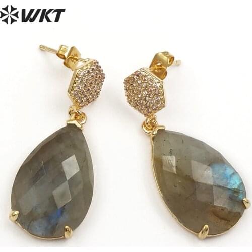 WT-E479 Hexagon Shape CZ Pave Earring Stud With Teardrop Amazonite Labradorite Simple Elegant Gem Slice Earring Bridesmaid Jewel
