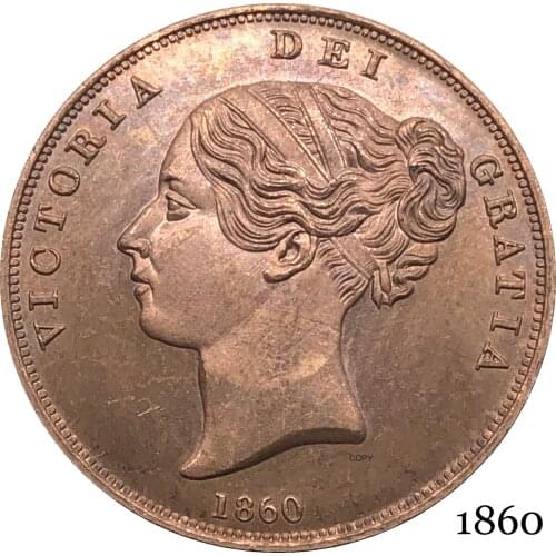 United Kingdom 1860 Victoria 1 One Penny UK Queen Red Copper Copy Coins Great Britain Bronze Portrait Replica Coin Smooth Edge