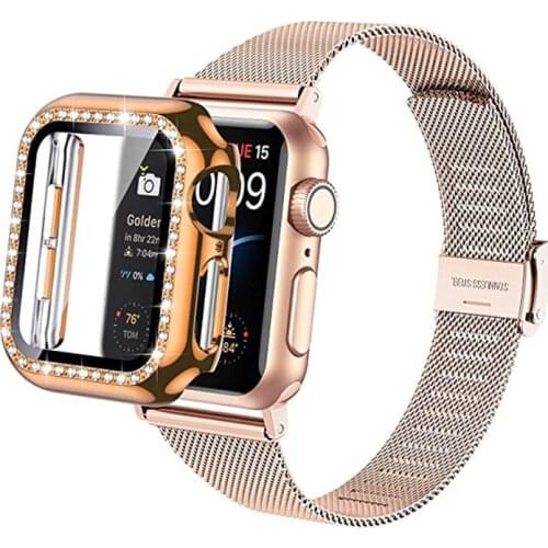 Slim Mesh Bracelet For Apple Watch 6 Band 44mm SE Strap 40mm Bling Protective Case For Applewatch 3 42mm 38mm iWatch 5 4 Bands