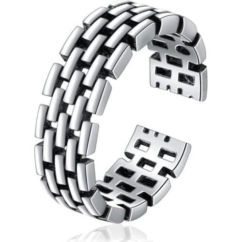 Silver Color Vintage Thai Silver Hollow Square Brick Ring Skein Strands Watch Chain Opening Ring