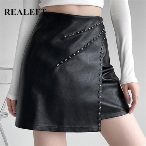REALEFT Winter Womens PU Leather Skirts Sexy Fashion Autumn High Waist Wrap Lady Rivet A-Line Mini Skirts Female 2021 New
