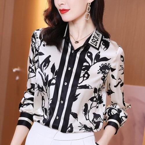 Women Print Shirt Blouses Spring Autumn Elegant Turn-down Collar Long Sleeve Loose Tops Shirts Female Real Silk Blouse Casual