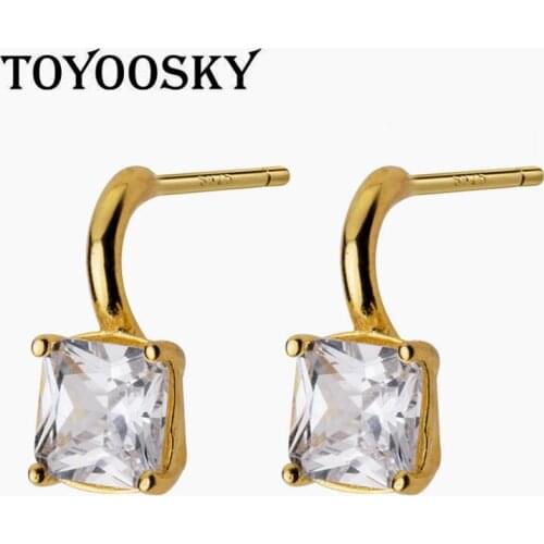 925 Sterling Silver Gold Color Square CZ Zircon Drop Earrings for Women Fashion Silver Ear Contracted Jewelry