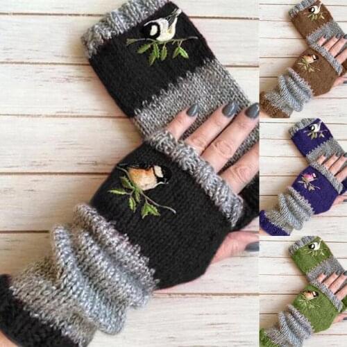 Women Winter Knitted Fingerless Gloves Bird Embroidered Color Block Splice Half Finger Mittens Outdoor Driving Thumb Hol