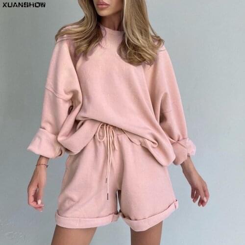 XUANSHOW Casual Solid Sportswear Loose Shorts Sets Two Piece Set Women 2021 Drawstring Matching Summer Athleisure Outfits