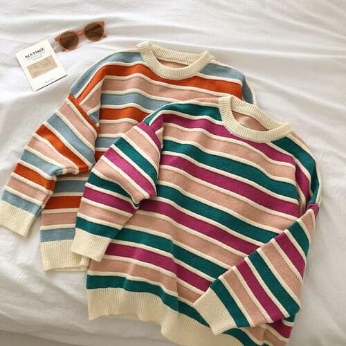 New Korean Style Stripe Sweater Women Long Sleeve Casual Pullover Tops Woman Harajuku Knitted O-neck Oversize Sweater