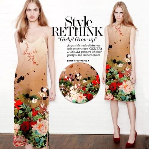 118*120cm 19mm 93% silk & 7% spandex 19mm floral print coffee color silk satin fabric for dress shirt clothes choengsam D597