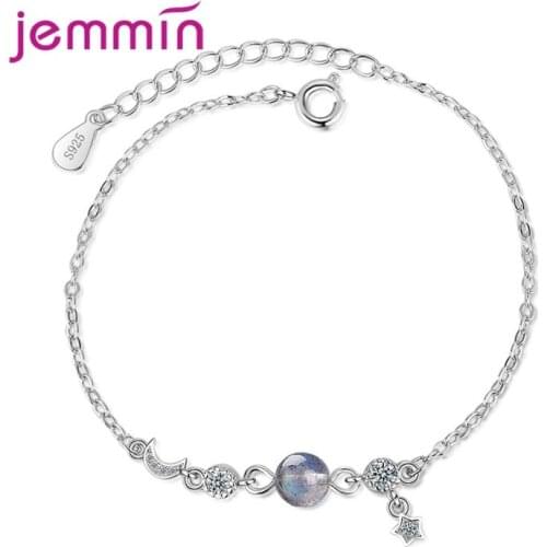 Genuine 925 Sterling Silver Bracelet With Moon & Star Shape Pendant Sparkling Crystal Pendant Bracelet For Women Girls Jewelry