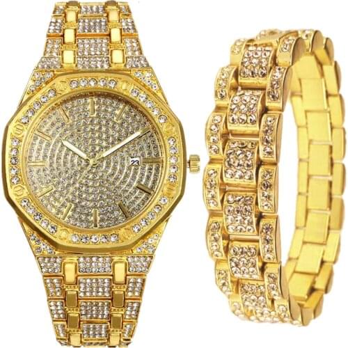 New Style Watch for Men Luxury Iced Out Watch + Bracelet Cuban Link Chain Bling Bangle Mens Watch Set Jewelry Set Clock Relogio