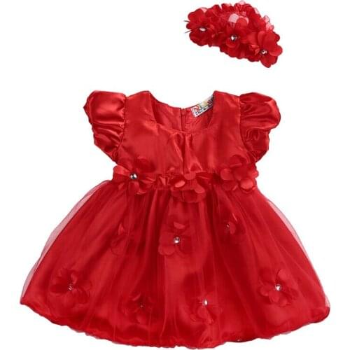 Baby Girl Red Floral Dresses Flower Ball Gown Toddler Kids Mesh Tulle sundress Headband Outfits Wedding Party 0-18M