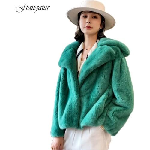 Ftangaiur 2019 Winter Import Velvet Mink Fur Coat Turn-Down Collar Pure Color Slim Mink Coat Womens Short Real Mink Fur Coats