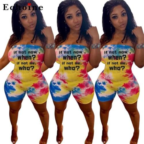 Gradient Wrap-around Letter Printed Jumpsuit Strapless Bodycon Playsuit Short Pants Joggers Chic Rompers Ladies Catsuit Overalls