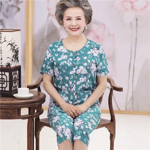 Spring Summer Middle-aged and Elderly Womens Sets New Cotton Silk Printing T-shirt & Pants 2 Pcs Sets Suit Granny Clothing K314