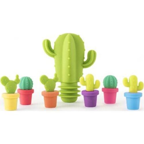 Creative cactus shape silicone wine bottle stopper wine glass label