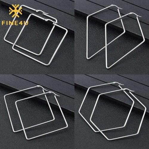 FINE4U E196 Fashion Simple Stainless Steel Big Hoop Earrings Dainty Sculpture Geometric Filigree Huggie Hoop Earrings for Women