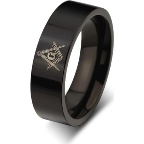New 8mm Wide Stainless Steel Masonic Black Men Rings Wholesale Religion Carbon Fiber Rock Punk Rings For Men Boy Male Jewelry