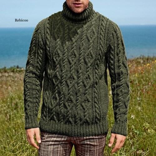 Mens Pullover Solid Turtle Neck Solid Casual Vintage Autumn Warm Hand Knitting Wool Quality Male Simple Sweater New