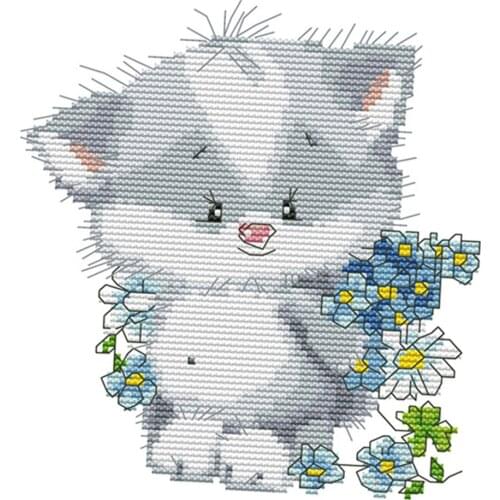 Cross Stitch Kit Cat & Flower DIY Embroidery Cloth Work With Basic Tools