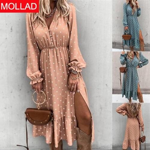 2021 European and American EBay Amazon New Dress V-neck Ear Clip Polka Dot Su Fold Printed Long Sleeve Split Dress