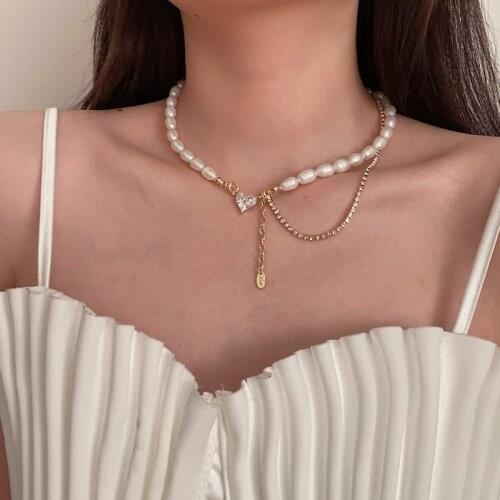 French Baroque Irregular Natural Fresh Water Pearl Choker Necklace Cubic Zirconia Heart Pendant Wedding Jewelry Collares De Moda