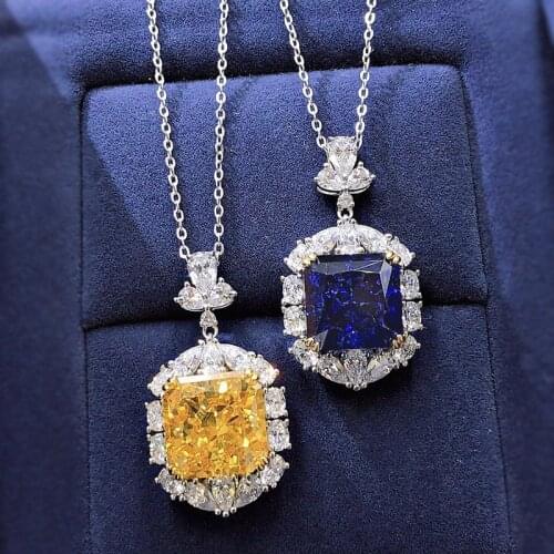 2021 New S925 Silver Created Blue Yellow Tanzanite 13*13 Broken Ice Cut Necklace Pendant For Women Wedding Party Fine Jewelry