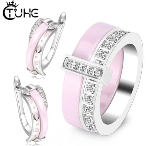 Ramantic Pink Color Jewelry Sets for Women One Row Crystal Bling Rhinestone Stud Earrings Rings for Women Sets Jewelry Gift