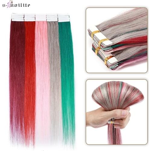S-noilite Natural Hair Extension 2.5g/pc Tape In Human Hair Extension Red 5 in 1 Colorful Highlight Adhesive Invisible Extension