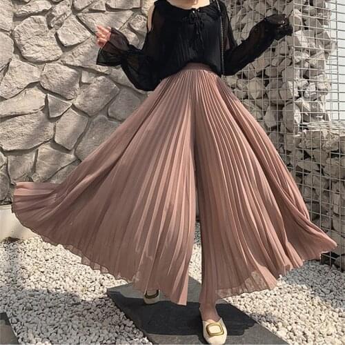 Chiffon Pleated Wide-leg Pants Women Loose High Waist Solid Color Casual Trousers Plus Size Clothes Pantalones De Mujer