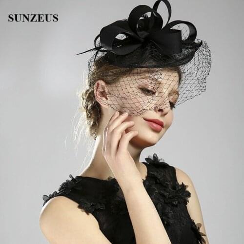 Black Wedding Party Hats With Face Veil Bridal Headwear Feathers Linen Hat For Brides Fascinator SQ225