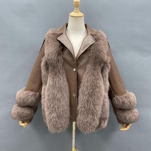 Real Fox Fur Jacket Winter Women Warm Fashion Brown Genuine Sheepskin Leather Collar Fur Coat Free Shipping
