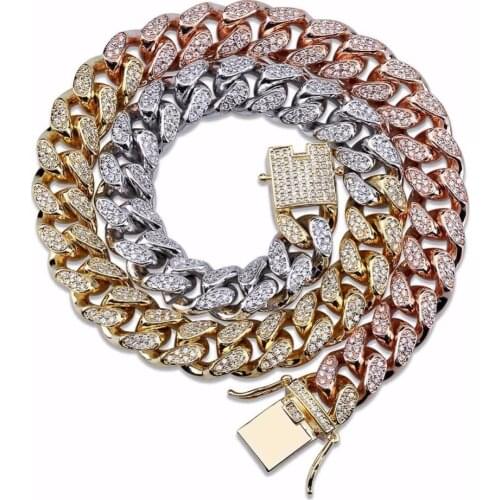 Mixed Color Miami Curb Cuban Chain Necklace For Men Box Lock Hip Hop Iced Out Paved Rhinestones CZ Rapper Necklace Jewelry
