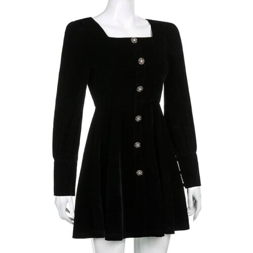 SURUFENG Women Elegent Black Velvet Dress Loose Square Collar Autumn Winter 2021 Puff Long Sleeve Mini Dresses Party Clothes