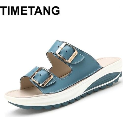 TIMETANG Summer Slippers Women Slides Sandals Genuine Leather Platform Wedges Slippers Open Toe Beach Slides Casual Sandallias
