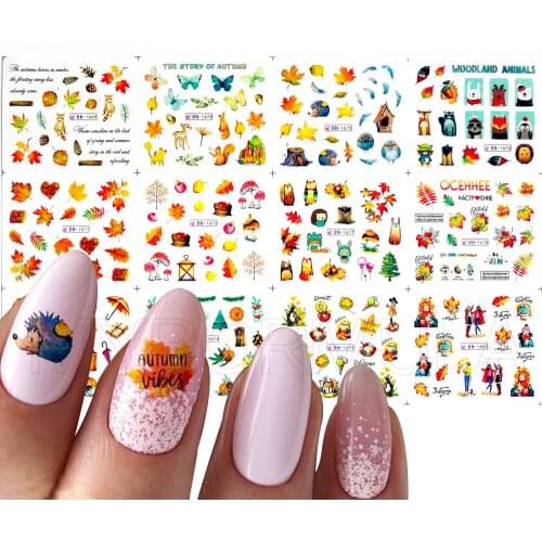 12 Designs Fall Yellow Gold Sticker Nail Art Water Decals Set Maple Leaf Squirrel/Hedgehog/Cute Animal Autumn nail Tattoo