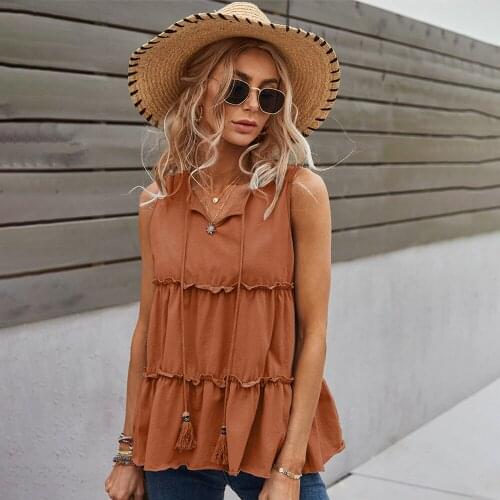 Summer Pure Color Women T-shirt Casual Vacation Loose Tops Ruffled Patchwork V-neck Split Sleeveless High Quality All-match Tees