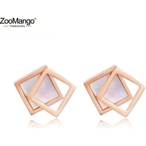 ZooMango Double Square Shell Stud Wedding Earrings For Women Titanium Steel Female Earrings Jewelry Boucles D'oreilles ZE17043