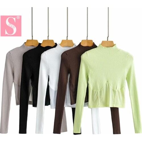 STVY 2021 New Spring Summer Women Half Turtleneck Mesh Patchwork Beam Waist Knitting Sweaters Ladies Slim Short Pullovers Top