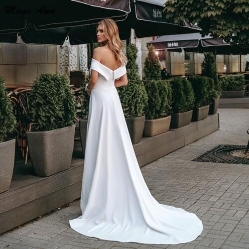 Magic Awn Modest Off The Shoudler Wedding Dresses Satin Simple Ivory Boho Mariage Gowns Cheap Country Bride Dress Vestidos Novia