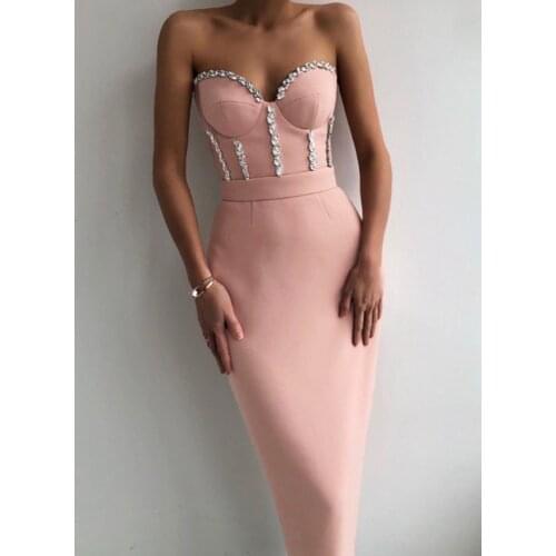 Adyce 2021 Summer Strapless Bodycon Bandage Dress For Women Sexy Sleeveless Diamonds Midi Club Evening Runway Party Female Dress