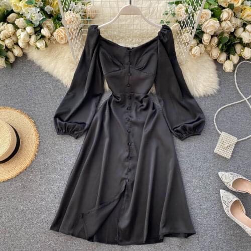 High Waist Long Sleeve Party Vintage Autumn Spring Boho Solid Black Embridery Luxury Dress A-Line 2021 Elegant Dresses Women
