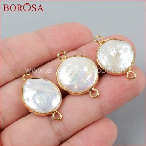 BOROSA Gold Color Natural Freshwater Pearl Coin Connector for Bracelets Necklaces Jewelry Making for Women Girls Selling G1405