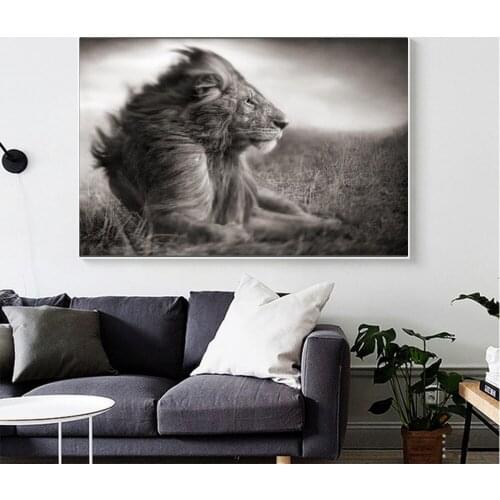 African lion black and white wall art canvas painting and wild animal room decoration art poster
