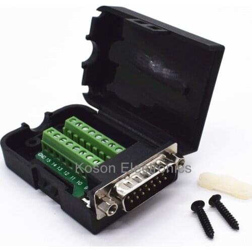 DB15 Connectors D-SUB Male 2 Row 15 Pin Plug Breakout Terminals Board Connector Nut Type With Black Plastic Cover