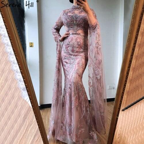 Dubai Pink Mermaid Luxury Evening Dresses 2020 Long Sleeves Crystal Beading Formal Dress Serene Hill LA70595