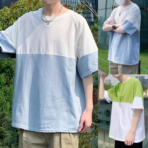 Men Casual O Neck Half Sleeve Color Block Soft Student Loose Shirt T-shirt Top Casual Lifestyle Wear T-shirt Male Streetwear Top